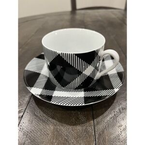 Fitz & Floyd Black and White Plaid Buffalo Check‎ Cup & Saucer Porcelain